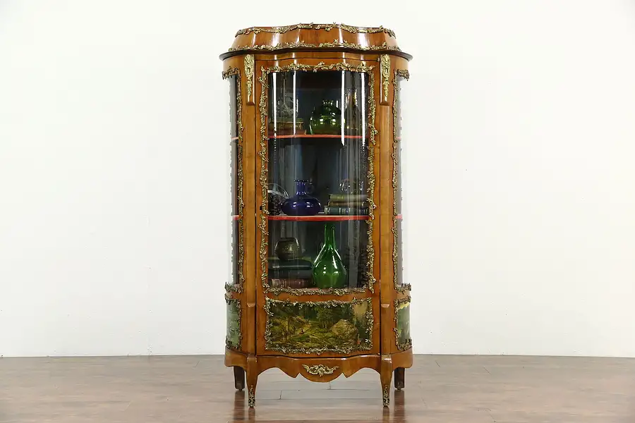 Main image of Curved Glass 1900 Antique Curio China Cabinet, Scenes, Bronze Mounts, Holland