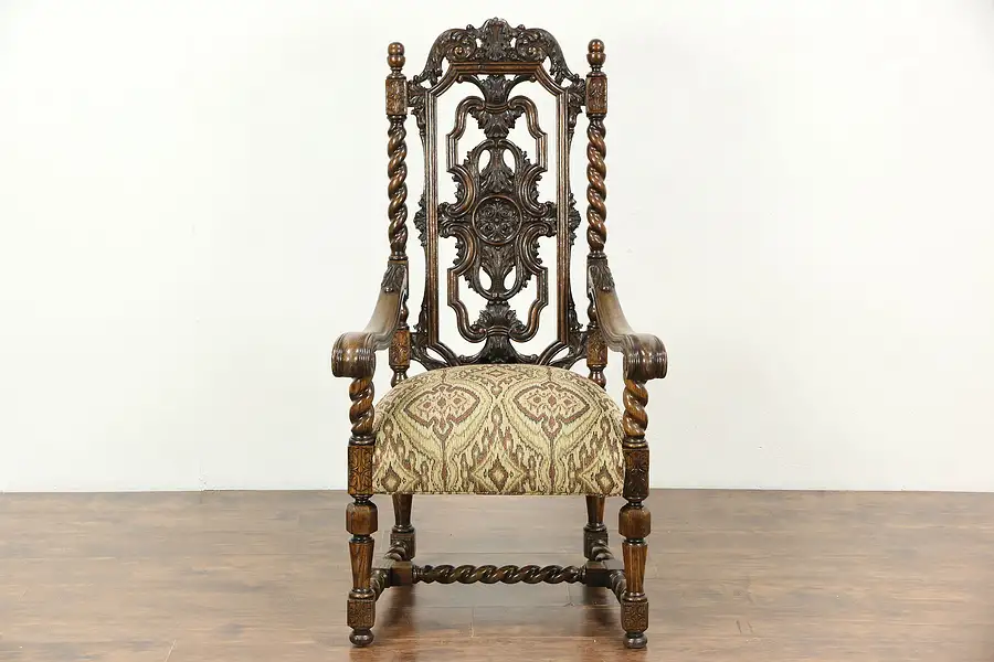 Main image of Renaissance Carved Oak Antique 1910 Throne or Hall Chair, New Upholstery