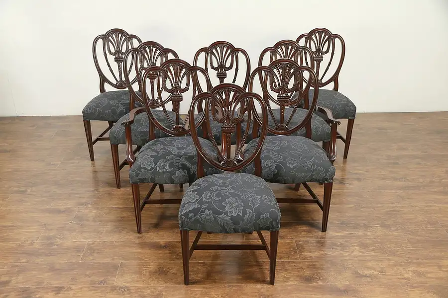Main image of Set of 8 Shield Back Mahogany Vintage Dining Chairs, New Upholstery