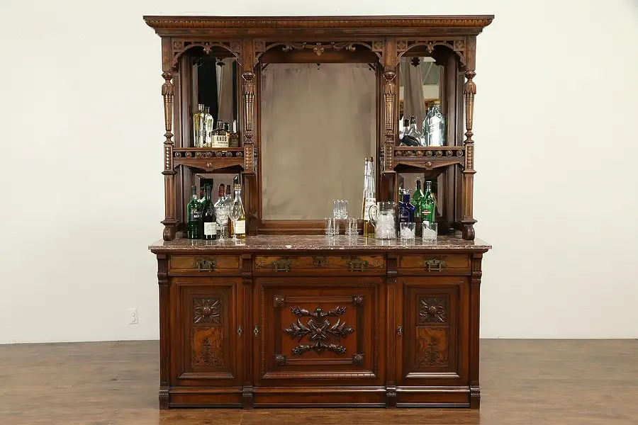 Main image of Victorian Eastlake Antique Sideboard, Server or Back Bar, Marble, Mirrors