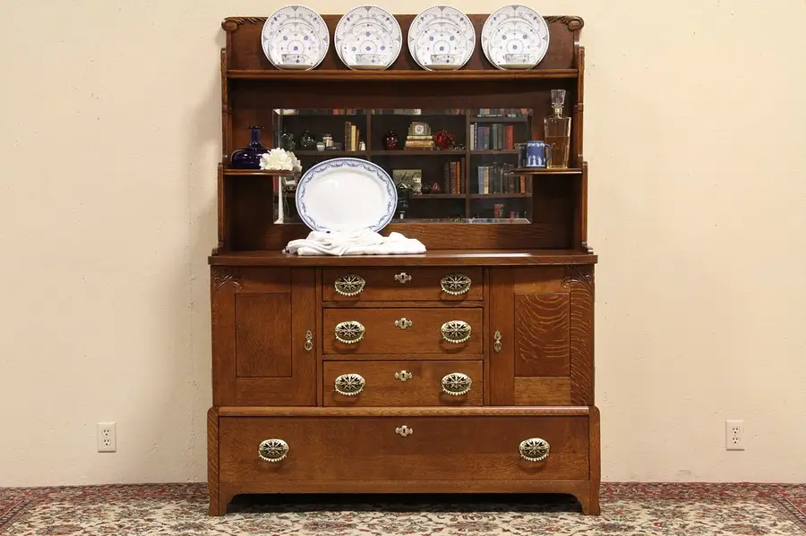Main image of Oak 1885 Antique Sideboard Buffet, Beveled MIrror