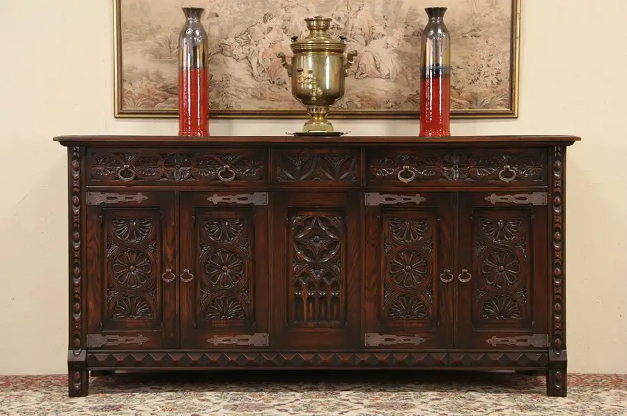 Main image of English Tudor 1925 Carved Oak Sideboard, Server or Buffet