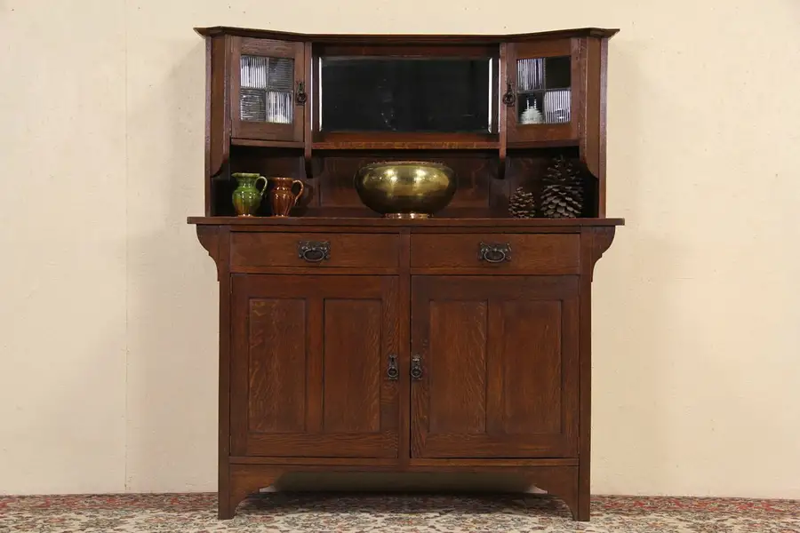 Main image of Arts & Crafts 1900 Antique Oak Sideboard or Bar Cabinet, Leaded Glass