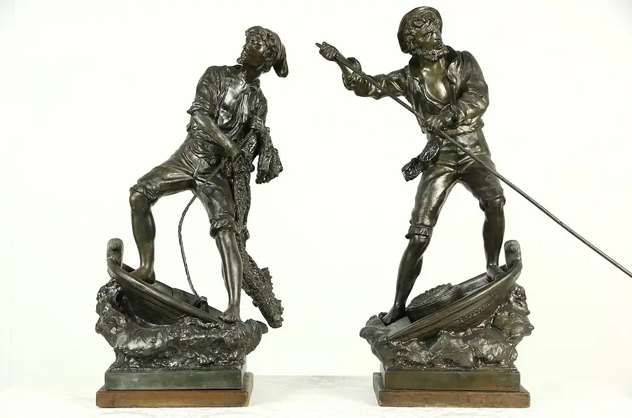 Main image of Fishermen Statues, Pair of Signed Rousseau 1900 Antique Sculptures, 27" tall