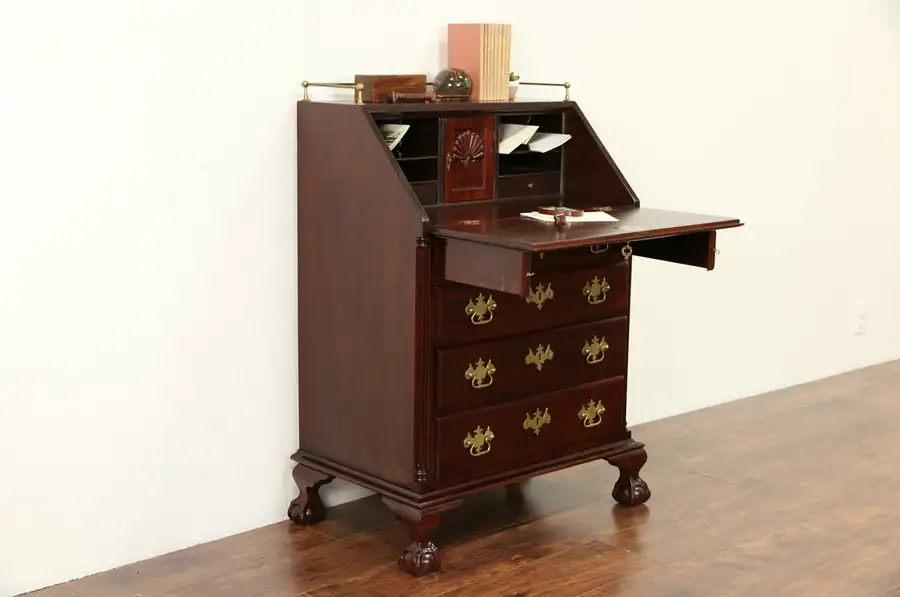 Main image of Traditional Mahogany Vintage Secretary Desk, Carved Shells & Ball & Claw Feet