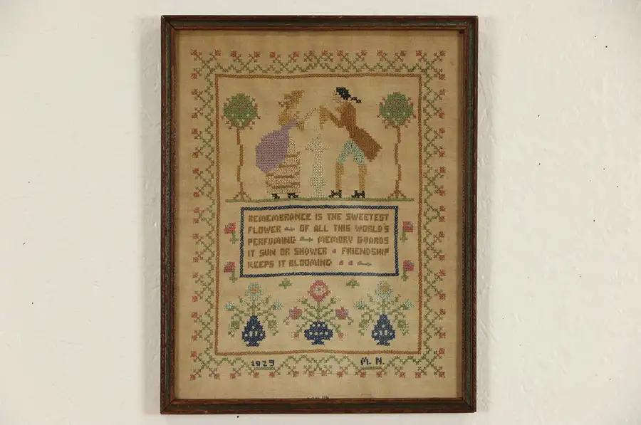Main image of Stitchery Sampler on Linen, Signed & Dated 1929, Framed