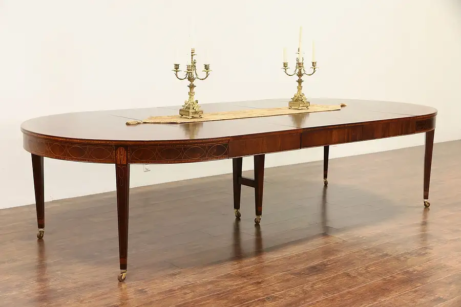 Main image of Hepplewhite Mahogany 5' Round Banded 1940's Vintage Dining Table, Extends 10' 6"