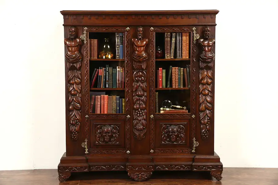 Main image of Italian Renaissance Carved 1900 Antique Walnut Library Bookcase or China Cabinet