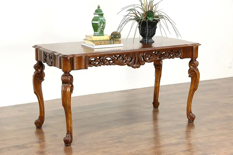 Main image of Italian Hall, Sofa or Library Table, Foyer Console, Vintage Carved Walnut Burl
