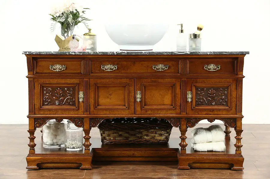 Main image of Carved Walnut Antique Marble Top Vessel Sink Vanity, Console Cabinet