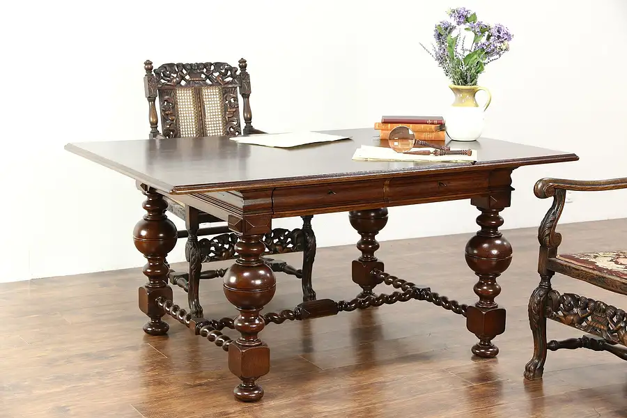 Main image of Dutch 1890 Antique Oak Renaissance Partner Desk or Library Writing Table