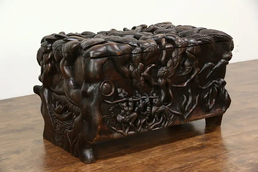 Main image of Tahiti Folk Art Traditional Carved Antique Trunk, French Polynesia, Boat & Game