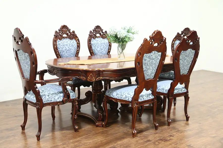 Main image of Baroque Carved Cherry Vintage Dining Set, Table, 6 Chairs, Signed Montalban