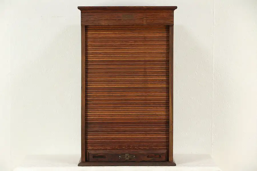 Main image of Railroad Train Ticket Oak Antique Roll Top Cabinet, Signed Rand McNally