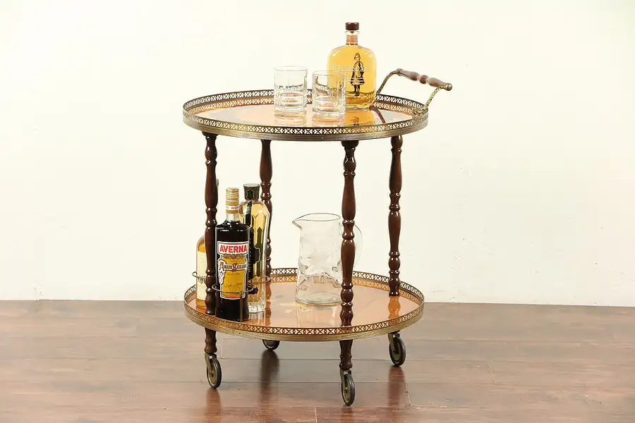 Main image of Italian Rosewood Marquetry Round Bar Cart, Tea or Dessert Trolley