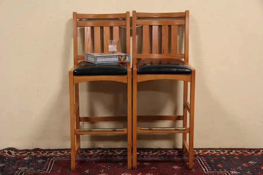 Main image of Pair of Vintage Arts & Crafts Mission Oak Style Coffee Shop Stools "C"