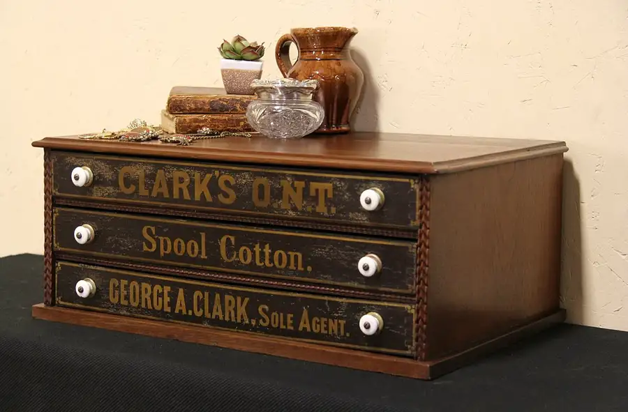 Main image of Clark 1880 Antique Walnut Spool Cabinet, Jewelry or Collector Chest