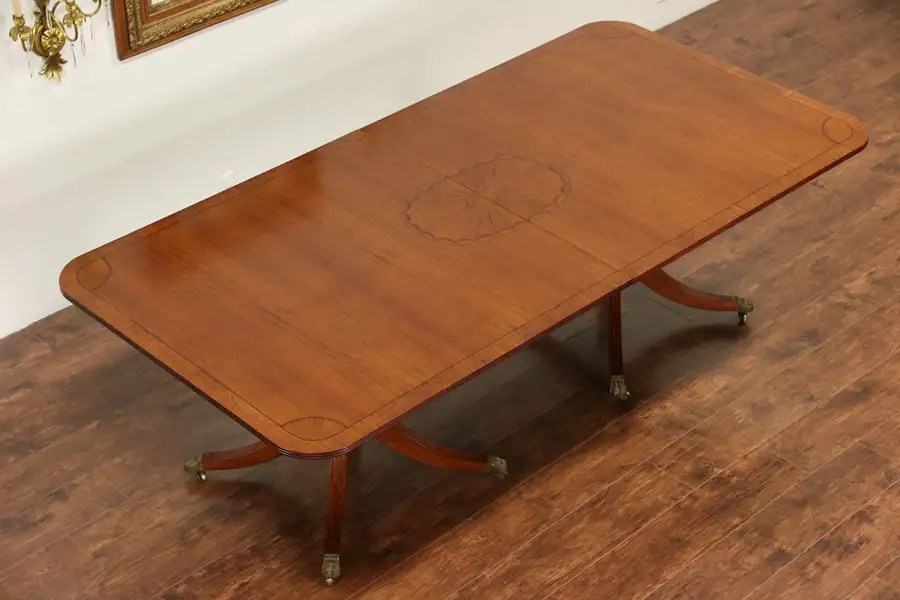 Main image of Dining Table, Vintage Primavera 12' Banded & Marquetry, 2 Pedestals
