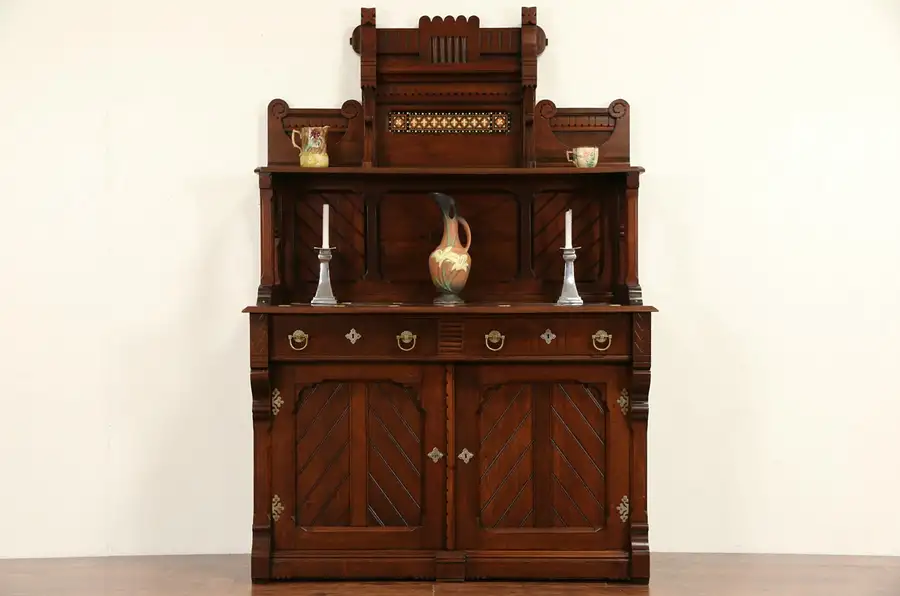 Main image of English Arts & Crafts 1890's Antique Sideboard Server, Walnut & Ceramic Tile