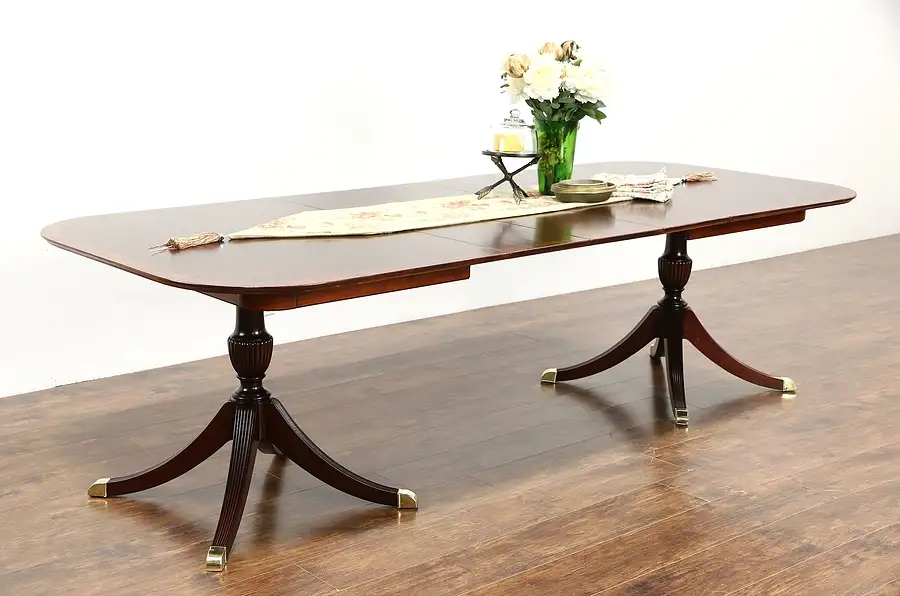 Main image of Mahogany Vintage Banded Dining Table, 2 Pedestals, 3 Leaves, Kindel ?
