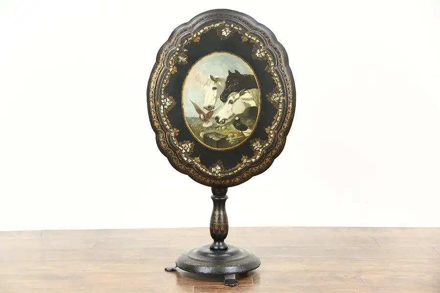 Main image of Victorian Antique Papier Mache Tea Table, Pearl & Hand Painted Horses & Birds