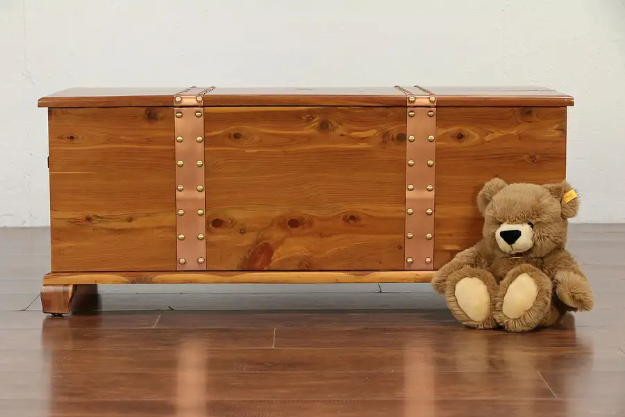 Main image of Cedar Vintage Chest, Trunk or Bench, Copper & Brass Mounts, Signed