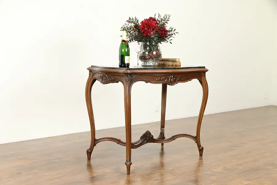 Main image of French Carved Walnut Antique Hall or Lamp Table, Black Granite