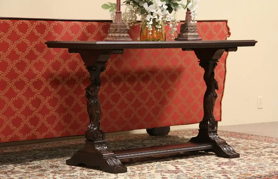 Main image of Sofa or Hall 1920 Antique Table, Carved Fairies or Sprites
