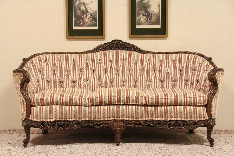 Main image of Shell Carved 1930's Tufted Vintage Sofa