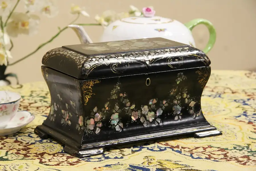 Main image of Papier Mache & Pearl 1850 Antique Tea Caddy or Poy