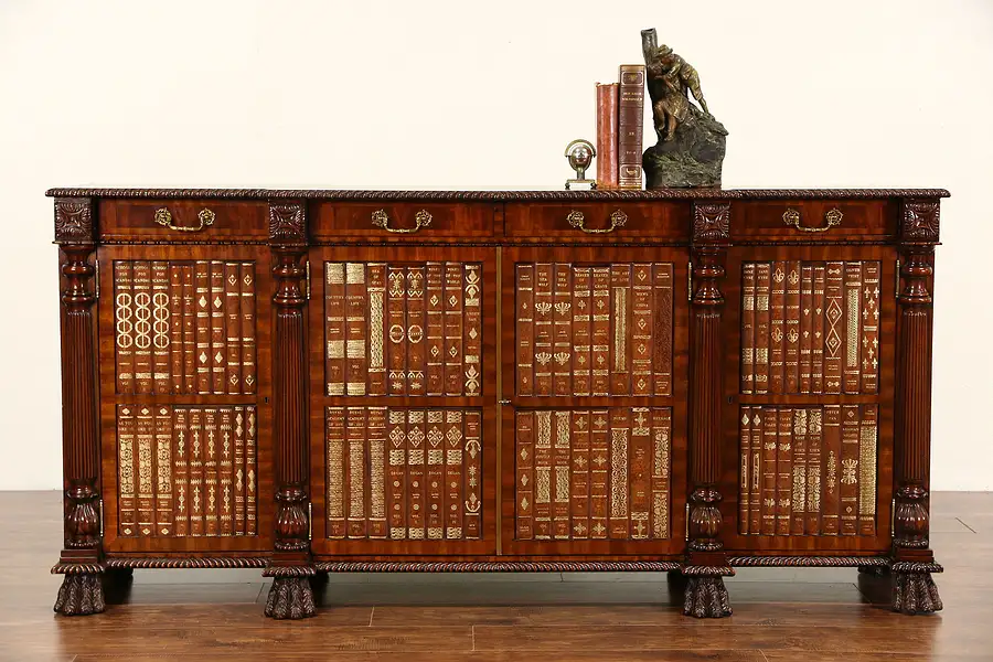 Main image of Maitland Smith Signed Carved Sideboard Credenza Cabinet, Faux Leather Books