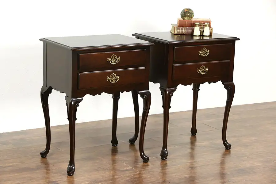 Main image of Pair Hickory Signed Vintage Carved Mahogany Nightstands or End Tables