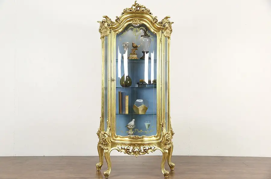 Main image of Gold Leaf Baroque Curved Glass Vintage Curio China Display Cabinet, Signed Italy