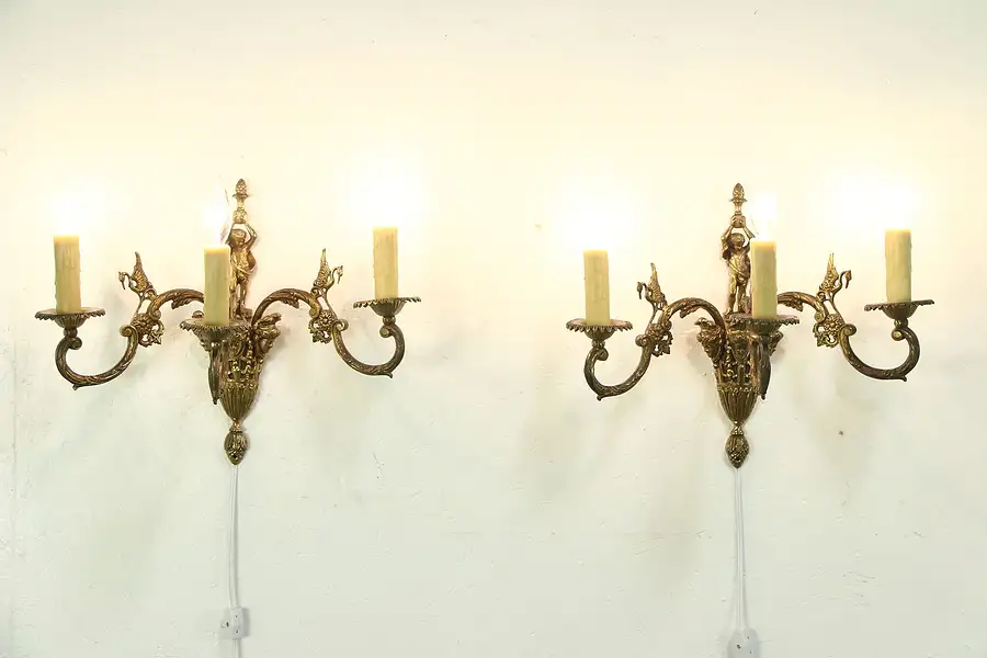 Main image of Pair Vintage Brass Triple Wall Sconce Lights, Figures, Faces & Birds, Spain