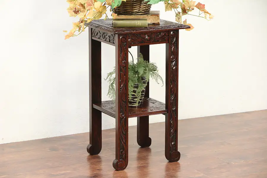 Main image of Carved Oak Antique Lamp Table, Plant Stand or Sculpture Pedestal