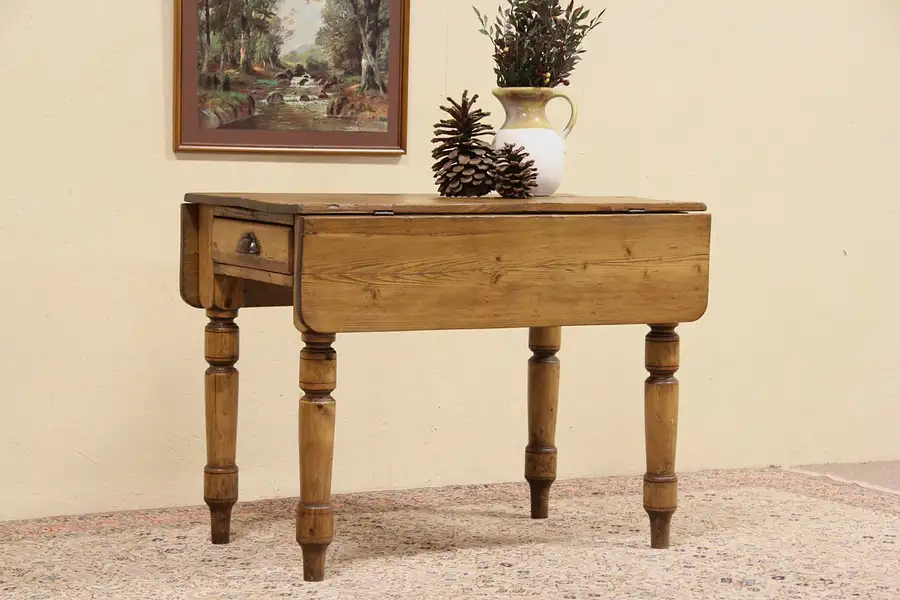 Main image of English Country Pine 1860 Antique Breakfast Dropleaf Dining or Console Table