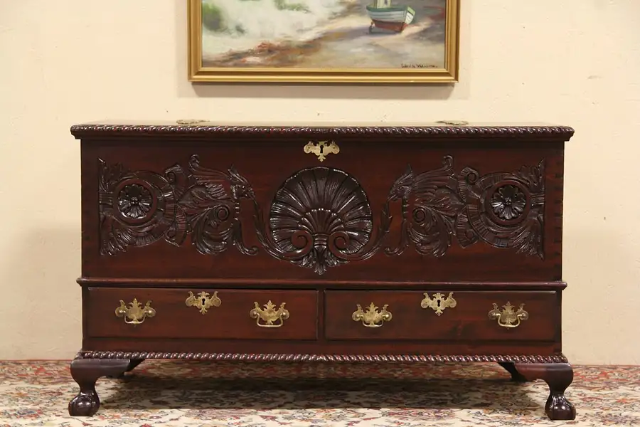 Main image of Carved 1880 Antique Blanket Mule Chest or Trunk, Shell & Griffins