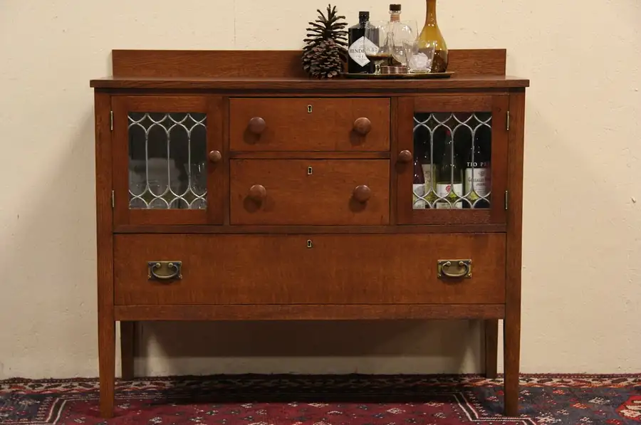 Main image of Arts & Crafts Mission Oak 1900 Antique Sideboard or Buffet, Leaded Stained Glass