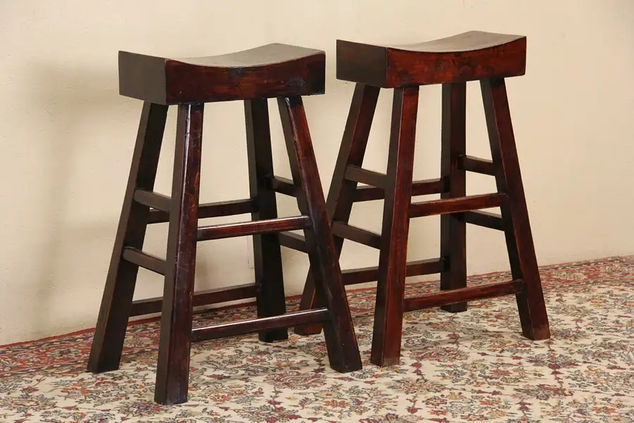Main image of Pair of Rustic Vintage Chinese Hand Carved Stools