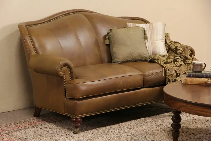 Main image of Whittemore Sherrill Leather 2 Cushion Sofa, Brass Nailhead Trim