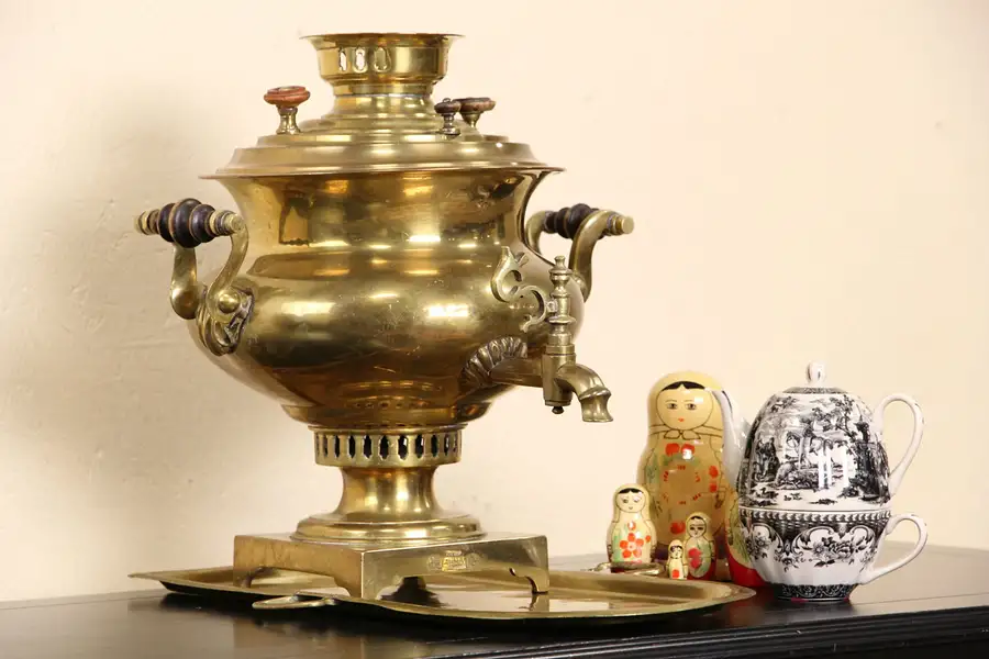 Main image of Russian 1870 Brass Antique Signed Samovar Tea Kettle & Tray