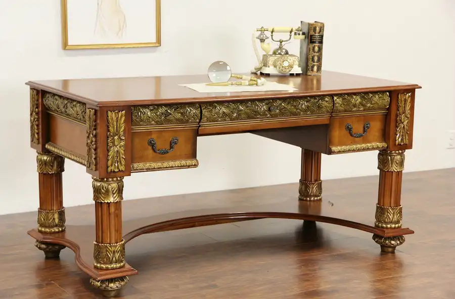 Main image of Library Writing Desk, Classical Carved Cherry & Maple with Dark Gold
