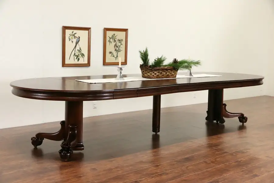 Main image of Oak 1900 Antique 54" Round Dining Table, Ball & Claw Pedestal, Extends 12' 6"