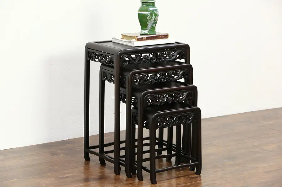 Main image of Set of 4 Chinese Vintage Carved Rosewood Nesting Snack Tables