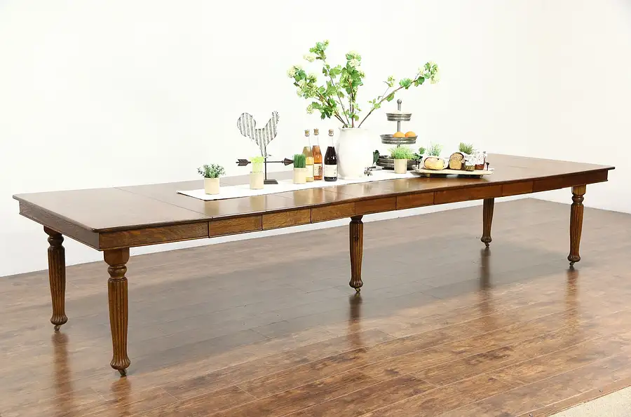 Main image of Oak Quarter Sawn Square 1900 Antique Dining Table, 9 Leaves, Extends 12' 8"