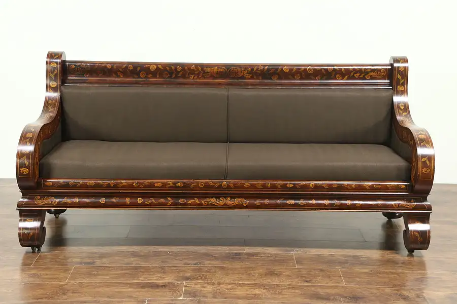 Main image of Dutch Inlaid Marquetry 1860 Antique Mahogany Sofa, Newly Upholstered
