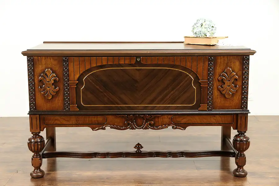 Main image of Tudor Style Antique Walnut & Cedar Trunk or Blanket Chest, Secret Drawer