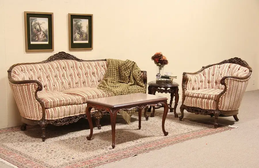 Main image of Shell Carved 1930's Tufted Vintage Sofa & Armchair Set