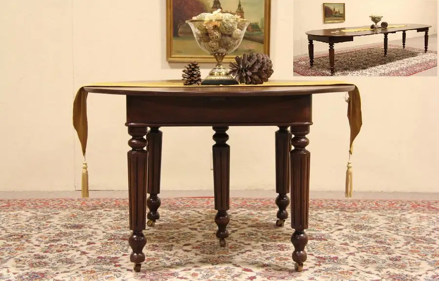 Main image of Victorian Round 1885 Antique Walnut Dining Table, 5 Leaves, Extends Nearly 10'