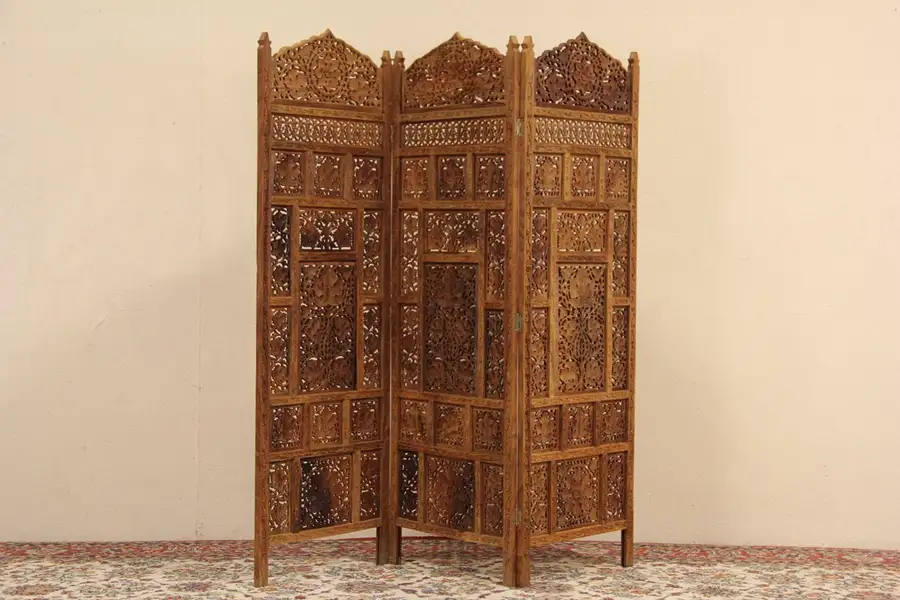 Main image of Indian Vintage Hand Carved Teak Vintage 3 Panel Screen